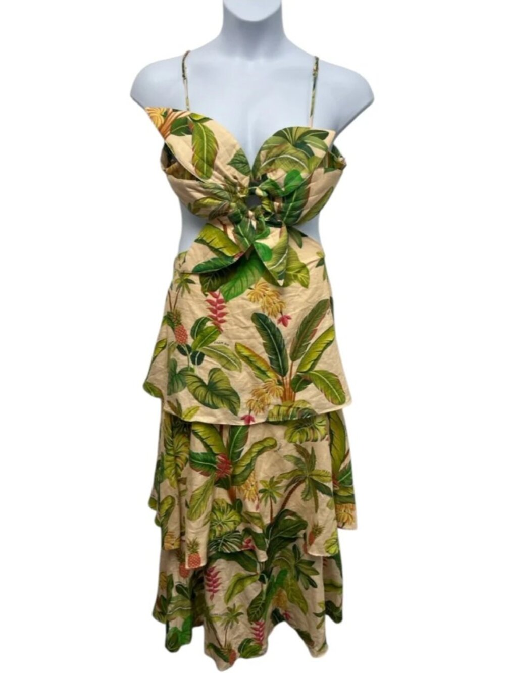NWT FARM Rio Fruit Forest Linen Blend Maxi Dress XL Tropical Cutout Ruffle Sand - Picture 10 of 11